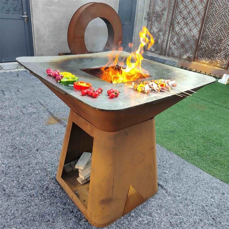 Corten Steel Outdoor Sqare Fire Pit And Grill